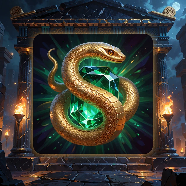 Gylden slange snoet om en lysende smaragd - eventyrlige mytologi-slots i Mino Casinos lobby