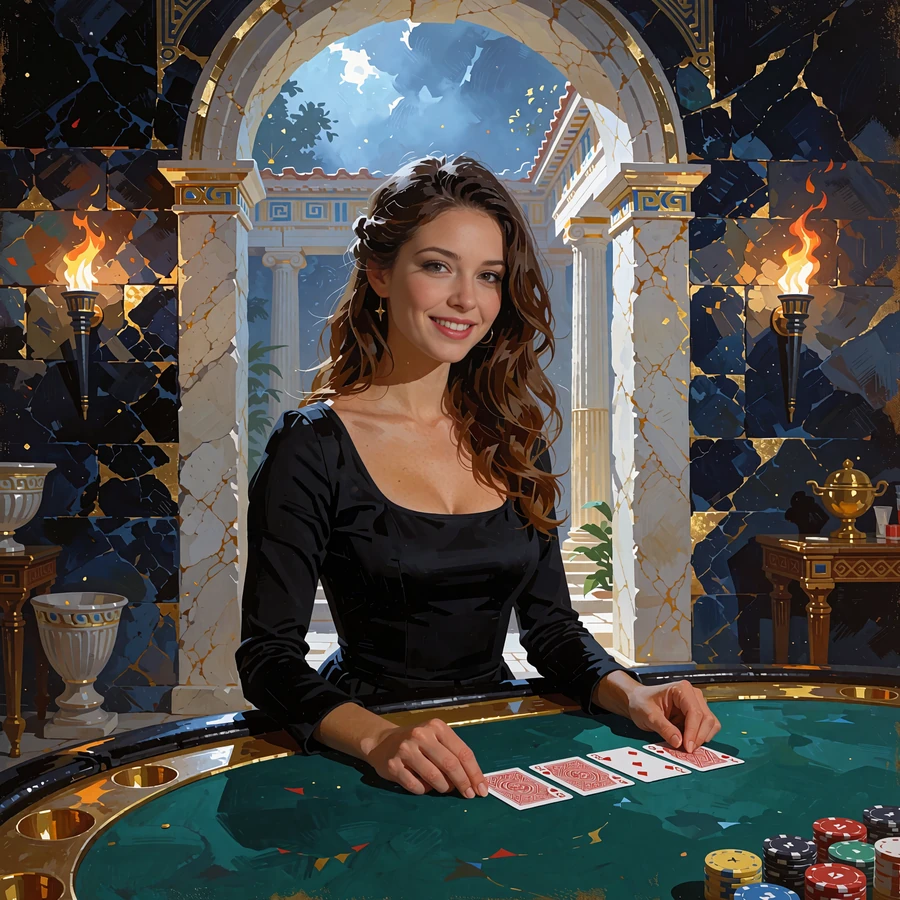 Smilende kvindelig dealer ved et gr&oslash;nt kortbord foran en marmorbue - live casino med rigtige dealere hos Mino Casino