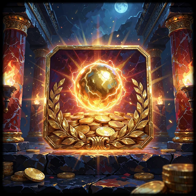 Gl&oslash;dende guldkugle over en bunke guldm&oslash;nter med laurb&aelig;rkrans - jackpot-slots hos Mino Casino