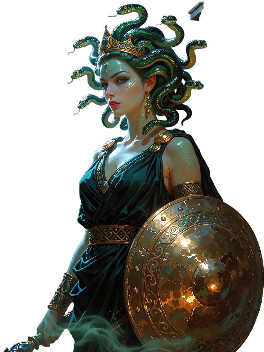 Medusa med jadegr&oslash;n hud og slanger i h&aring;ret holder et bronzeskjold og inspicerer noget n&oslash;je - vogter af bonusvilk&aring;rene
