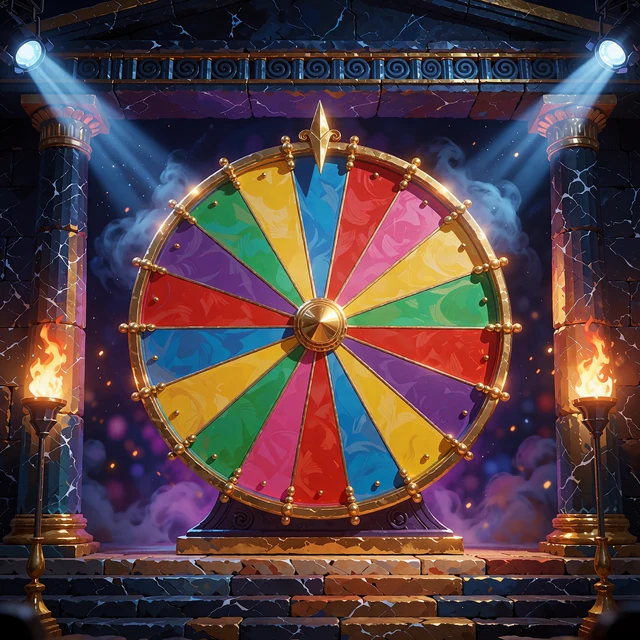 Stort lodret lykkehjul med farvede felter, guldpinde og scenelys - live game shows i live casinoet