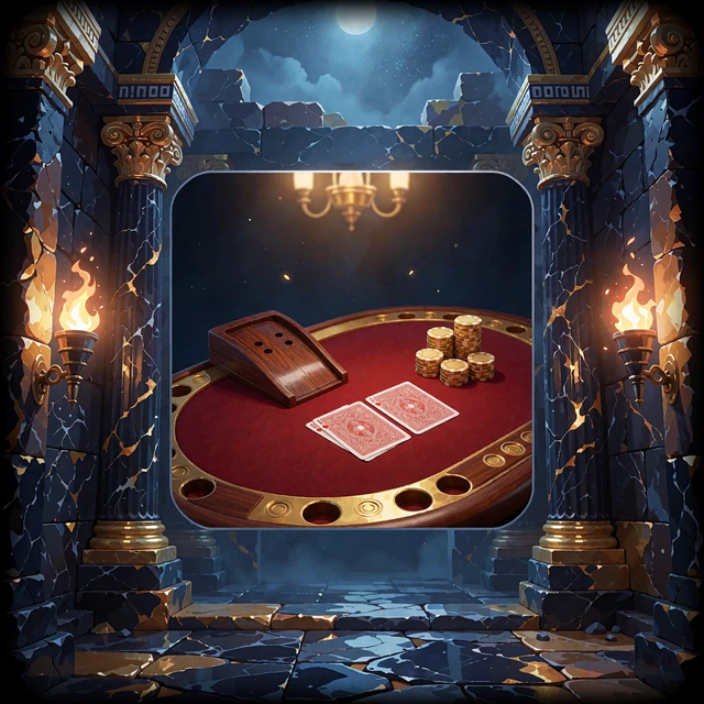 R&oslash;dt filtbord med tr&aelig;kasse, nedvendte kortpar og t&aring;rn af guldchips - live baccarat hos Mino Casino